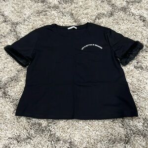 🆕Zara Trafaluc-Black T-Shirt with Faux Fur Sleeves